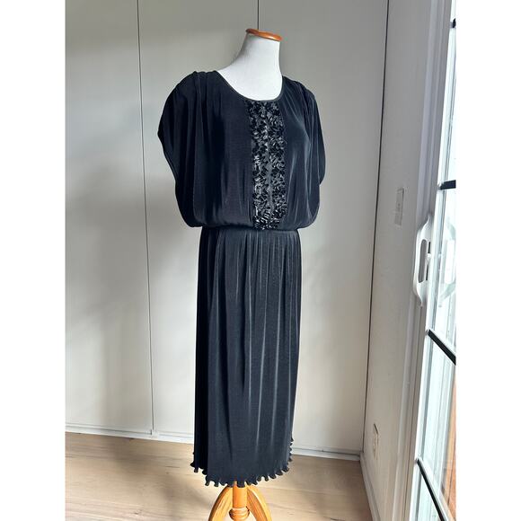 Virginie Paris Floral Micropleated Dress Black Made in France Statement SZ L - Picture 2 of 9